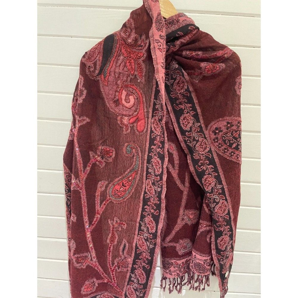 MIMCO Jamawar muffler 3d beads embraided wool floral scarf with fringe burgandy